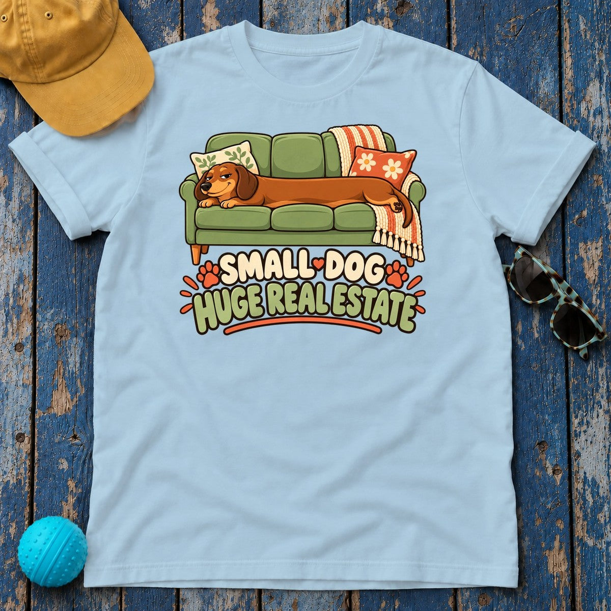Small Dog Huge Real Estate Dachshund T-Shirt in Light Blue - flat lay