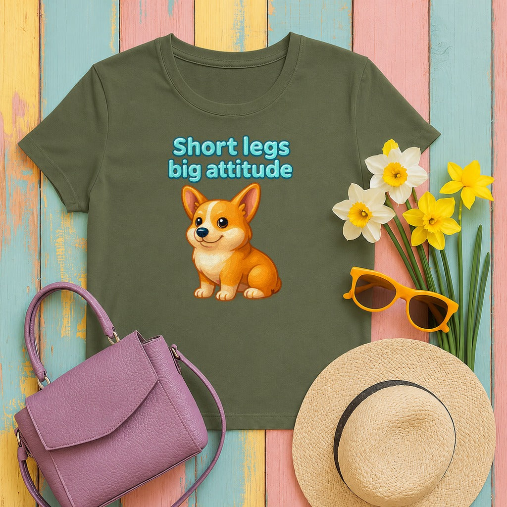 Short Legs Big Attitude T-Shirt, Corgi Dog Shirt, Cute Puppy T-shirt, Funny Animal Shirt, Sassy Dog Lover Gift, Cartoon Dog Apparel in Military Green