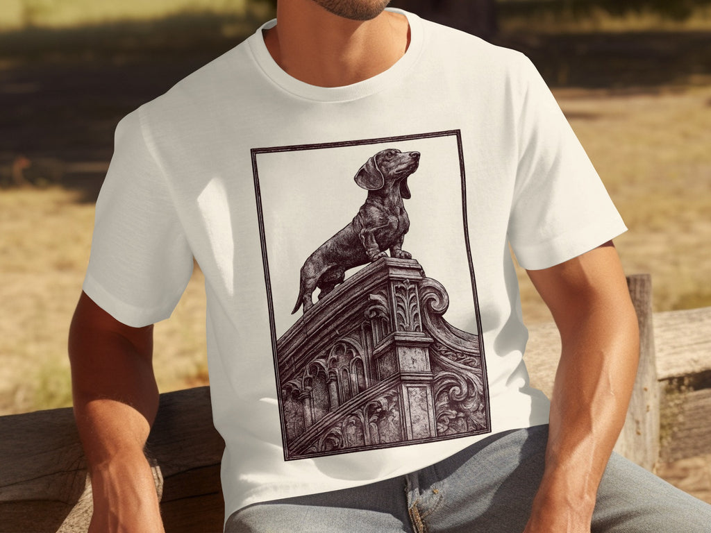 White t-shirt with a black ink illustration of a dachshund on ornate architecture.