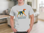 White t-shirt with abstract dog art and text "feral little creature, perfectly formed."