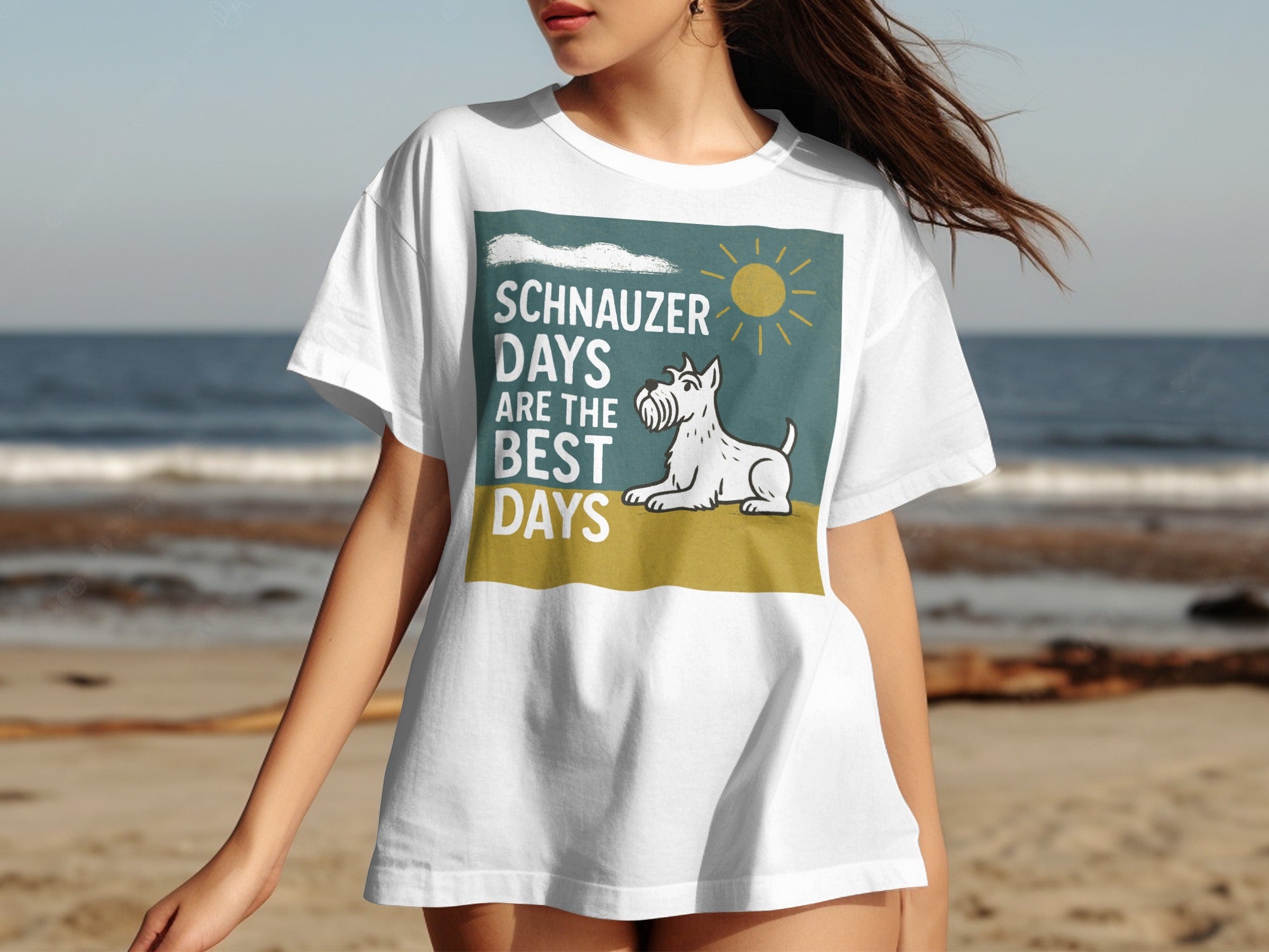 White t-shirt with "Schnauzer Days Are The Best Days" text and dog graphic.