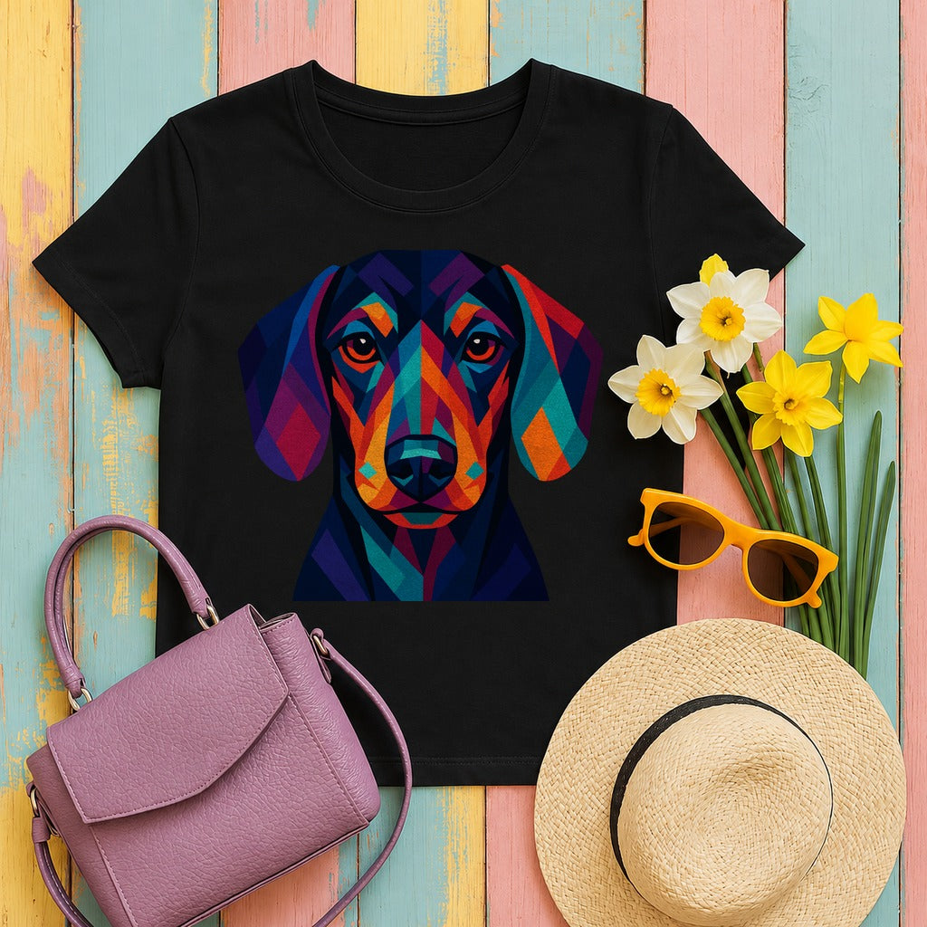 Colorful Geometric Dachshund Graphic Art Design T-Shirt in Black
