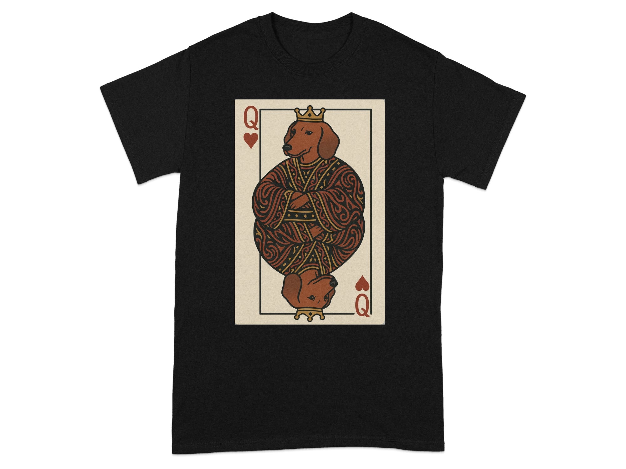 Queen of Hearts playing card with a dachshund wearing a crown.