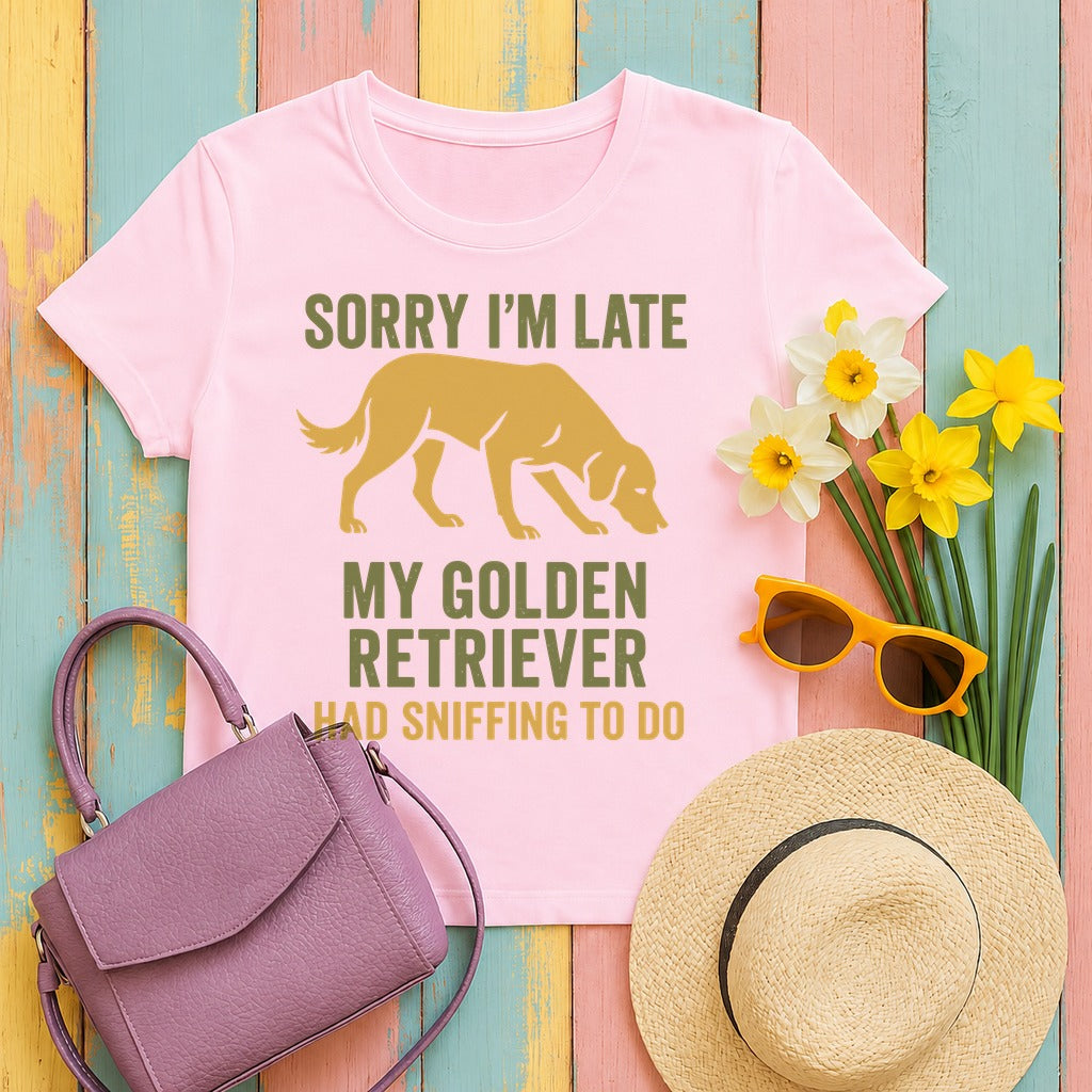 Sorry I am Late Golden Retriever T-Shirt in Light Pink