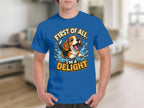 Blue t-shirt with a happy beagle puppy jumping in water with text "First of all, I'm a delight!".