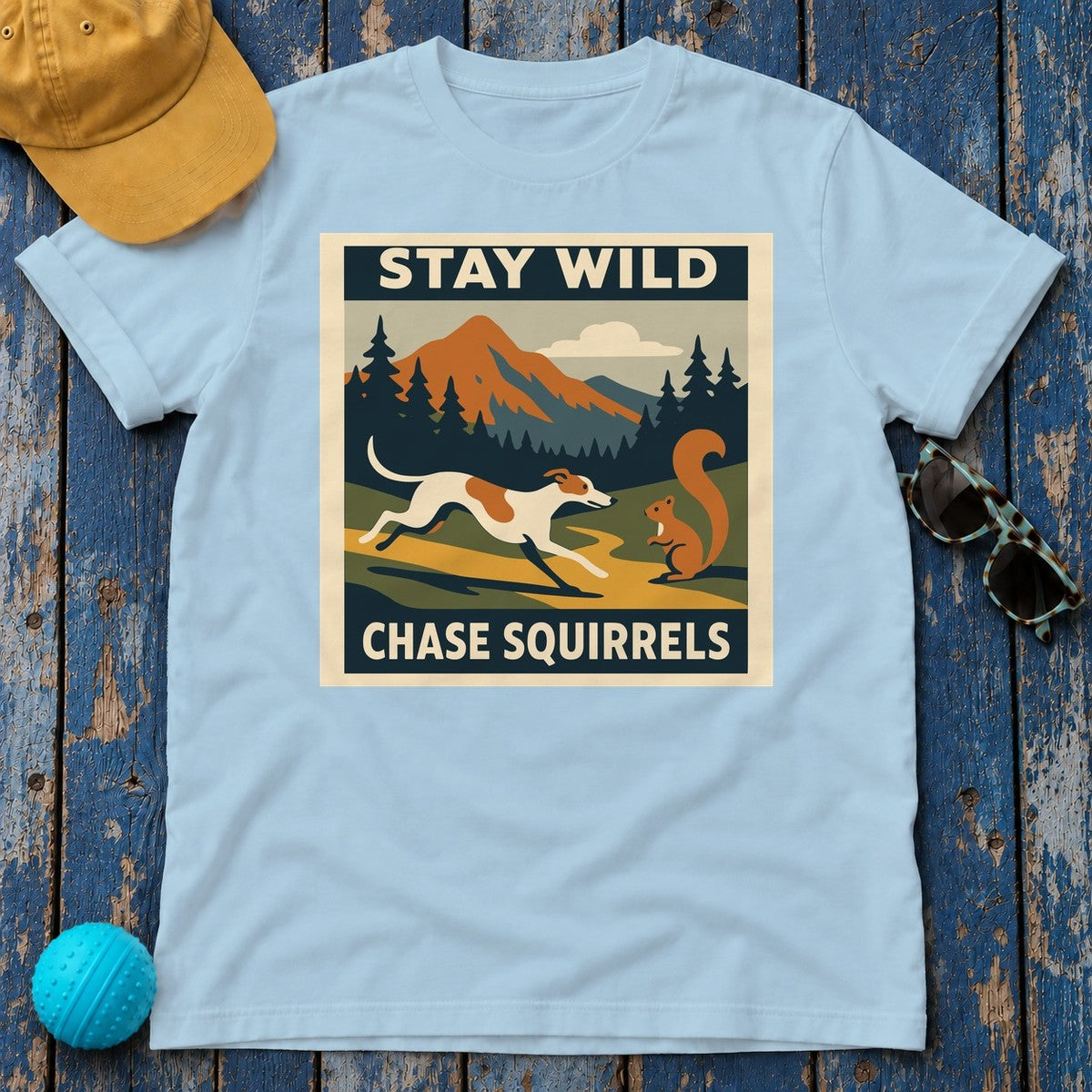 Greyhound Stay Wild Chase Squirrels Tee in Light Blue