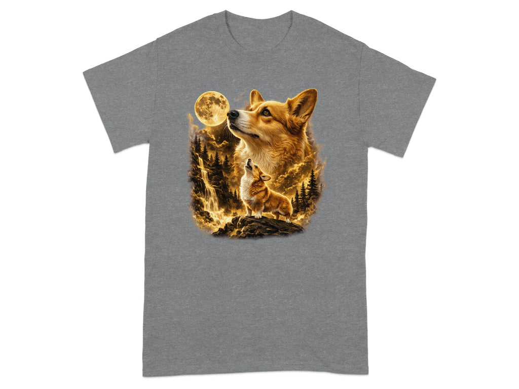 Corgi howling at the moon with a waterfall and pine trees.