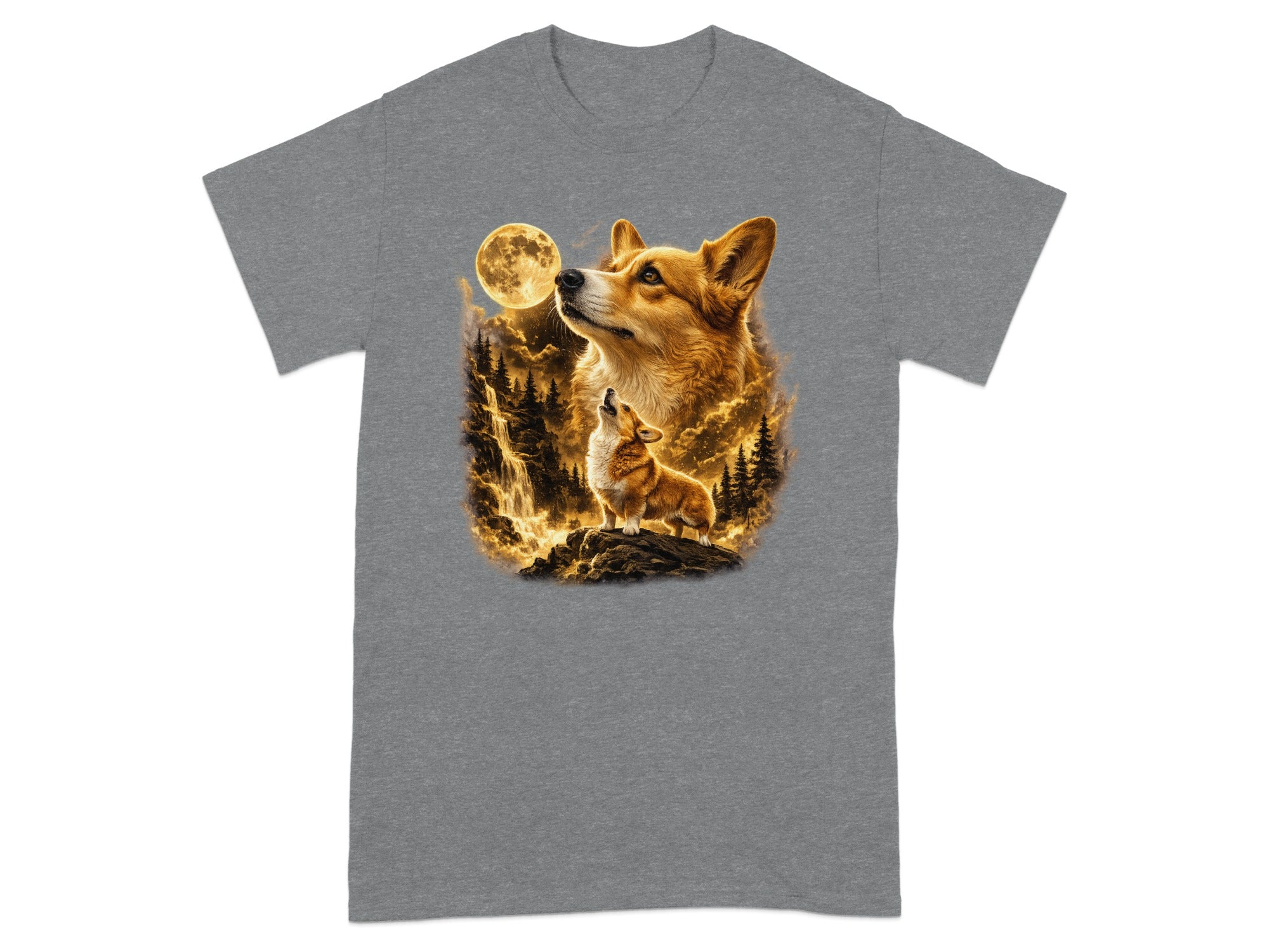Corgi howling at the moon with a waterfall and pine trees.