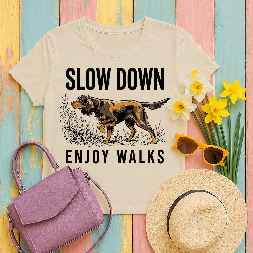 Slow Down Enjoy Walks Gordon Setter T-Shirt in Sand