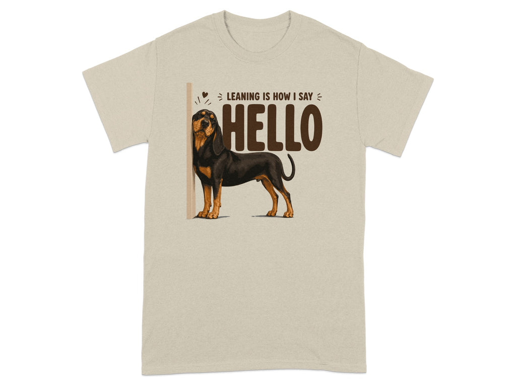 T-shirt with a dog leaning against a wall saying "HELLO".