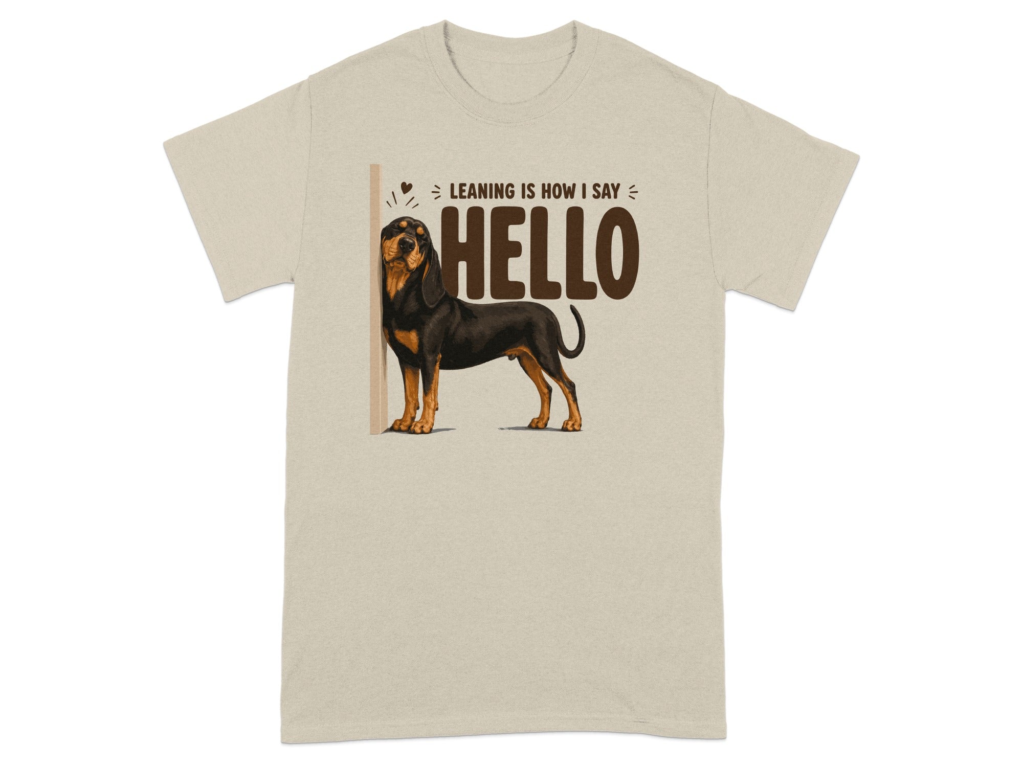T-shirt with a dog leaning against a wall saying "HELLO".