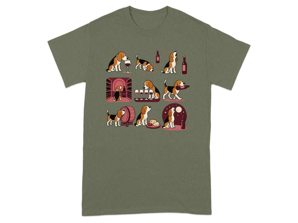 Cute beagle dogs interacting with wine bottles and glasses in various scenes.