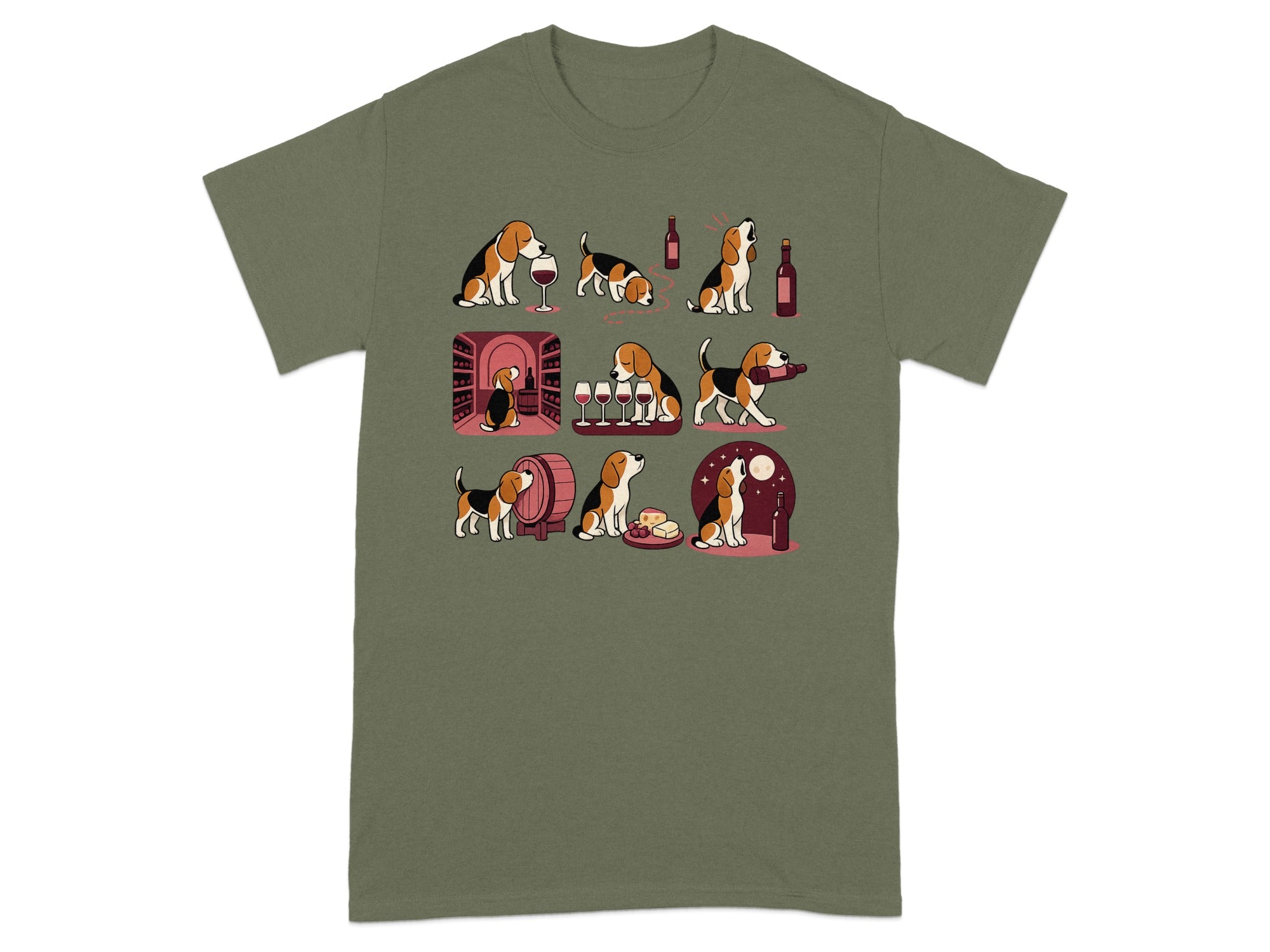 Cute beagle dogs interacting with wine bottles and glasses in various scenes.