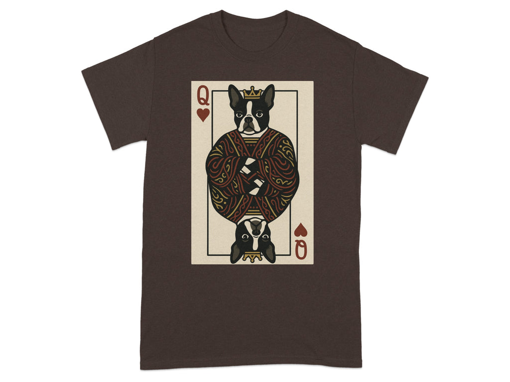 Brown t-shirt with a Queen of Hearts playing card design featuring a Boston Terrier.