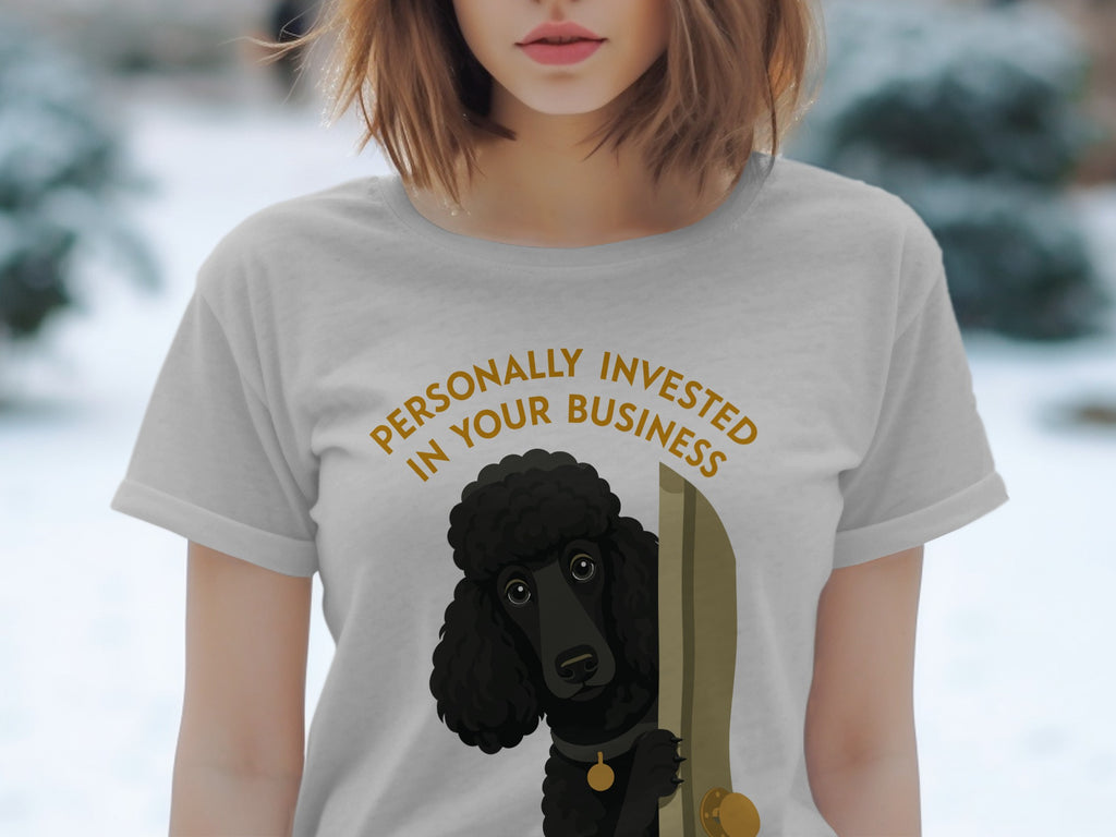 Gray t-shirt featuring a black poodle peeking through a door with text.
