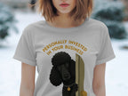 Gray t-shirt featuring a black poodle peeking through a door with text.