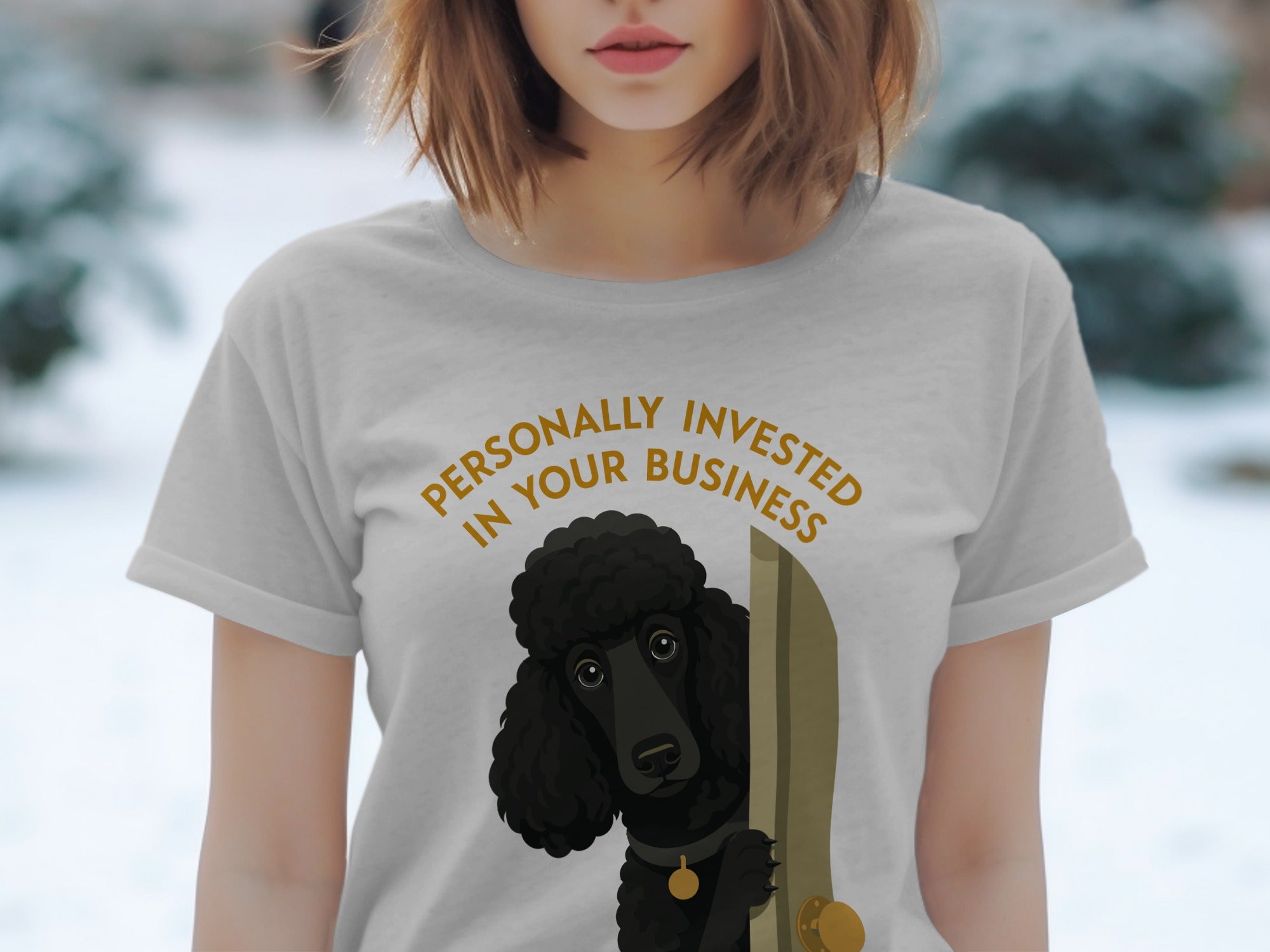 Gray t-shirt featuring a black poodle peeking through a door with text.