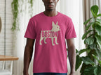 Pink t-shirt with a light-colored French bulldog graphic containing the word "BOSTON".
