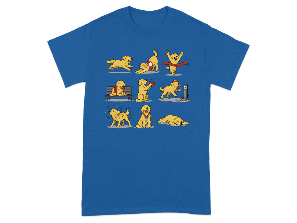 Cartoon golden retriever in various poses, including running, stretching, and relaxing.