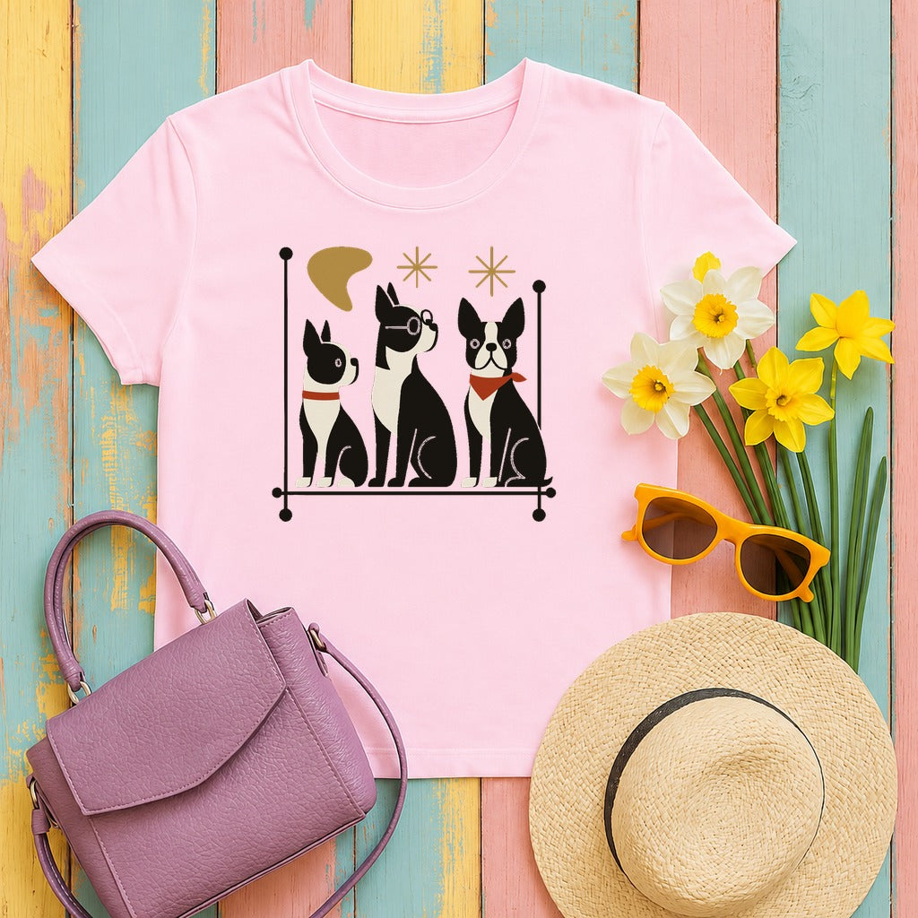 Mid-Century Modern Boston Terriers T-Shirt in Light Pink