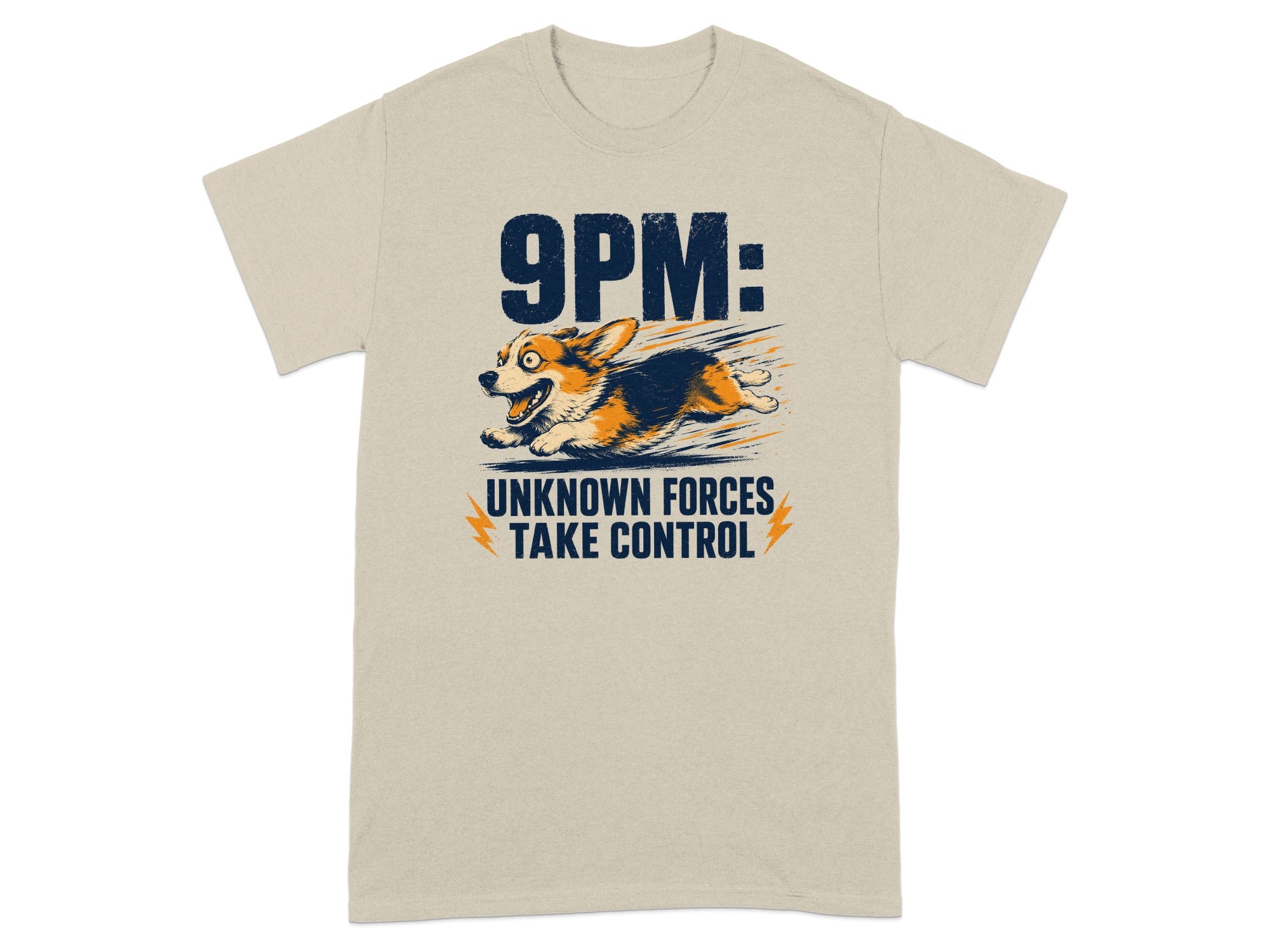 Corgi running with text "9PM: UNKNOWN FORCES TAKE CONTROL".