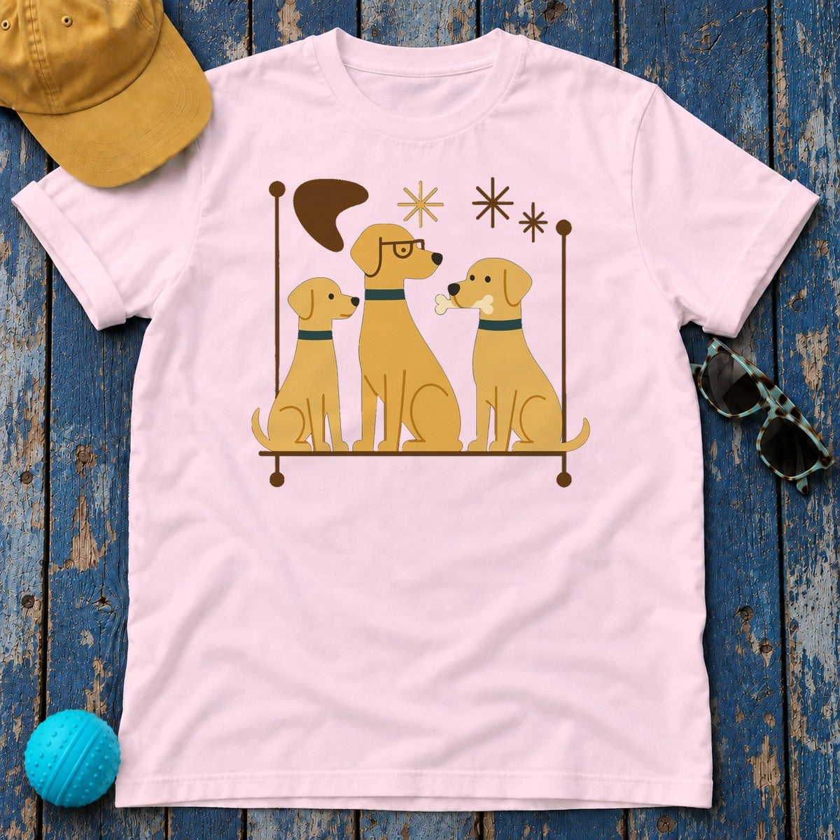 Mid-Century Yellow Labs T-Shirt in Light Pink