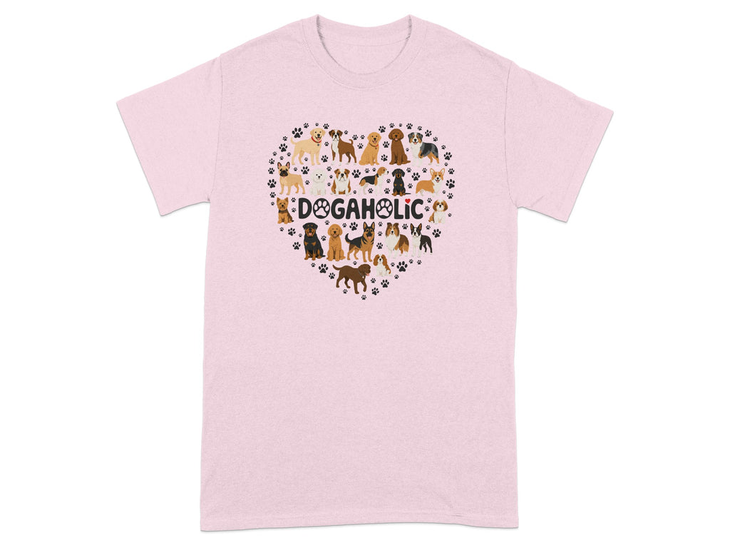 Pink t-shirt with heart-shaped dog illustrations and "DOGAHOLIC" text.