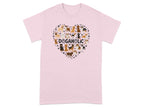 Pink t-shirt with heart-shaped dog illustrations and "DOGAHOLIC" text.