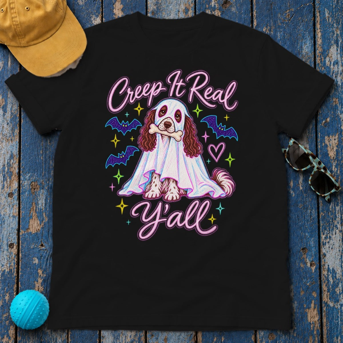 English Springer Spaniel Creep It Real Halloween Ghost T-Shirt in Black