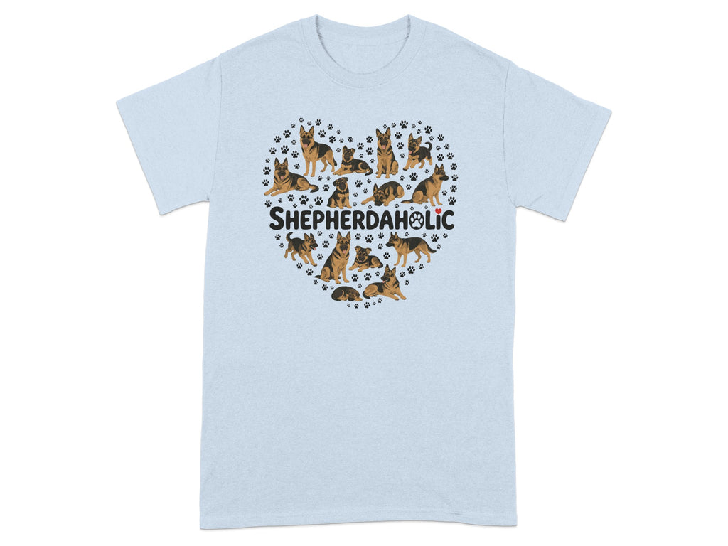Heart shape of German Shepherd dogs and paw prints with "SHEPHERDAHOLIC" text.