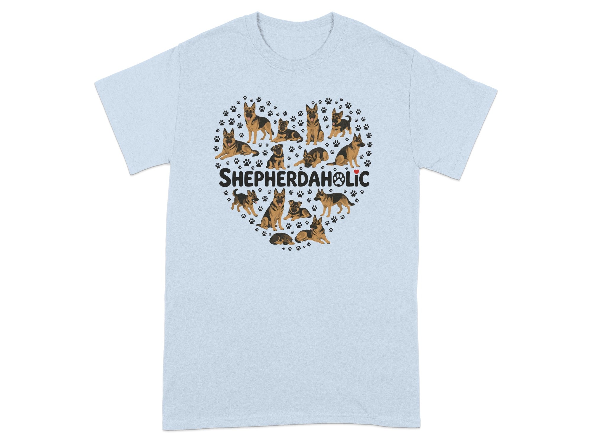 Heart shape of German Shepherd dogs and paw prints with "SHEPHERDAHOLIC" text.