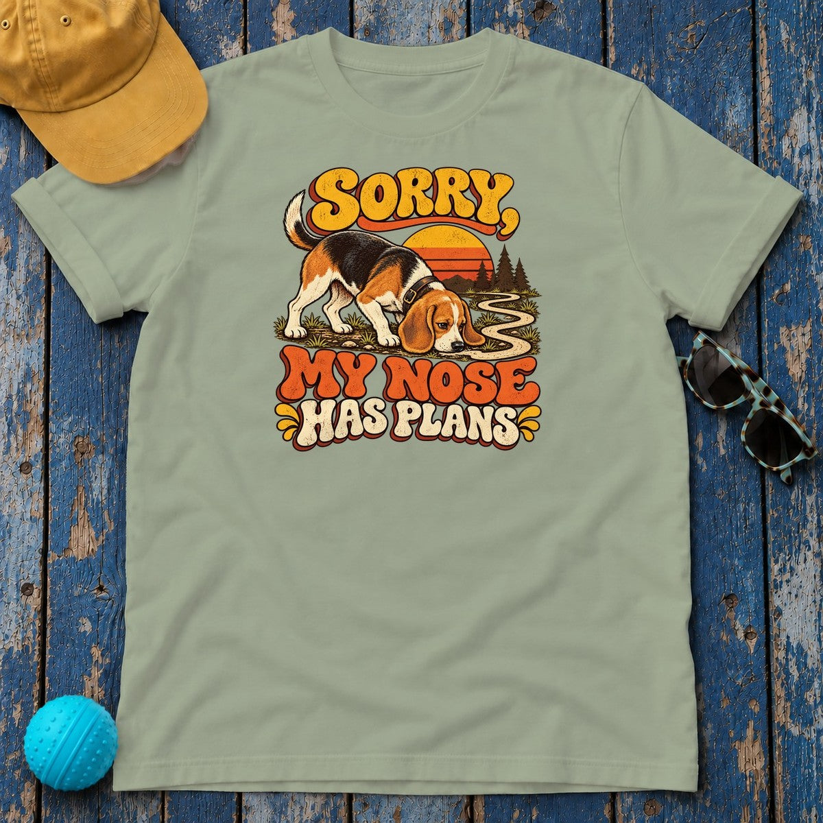 Sorry My Nose Has Plans Beagle T-Shirt in Sage - flat lay