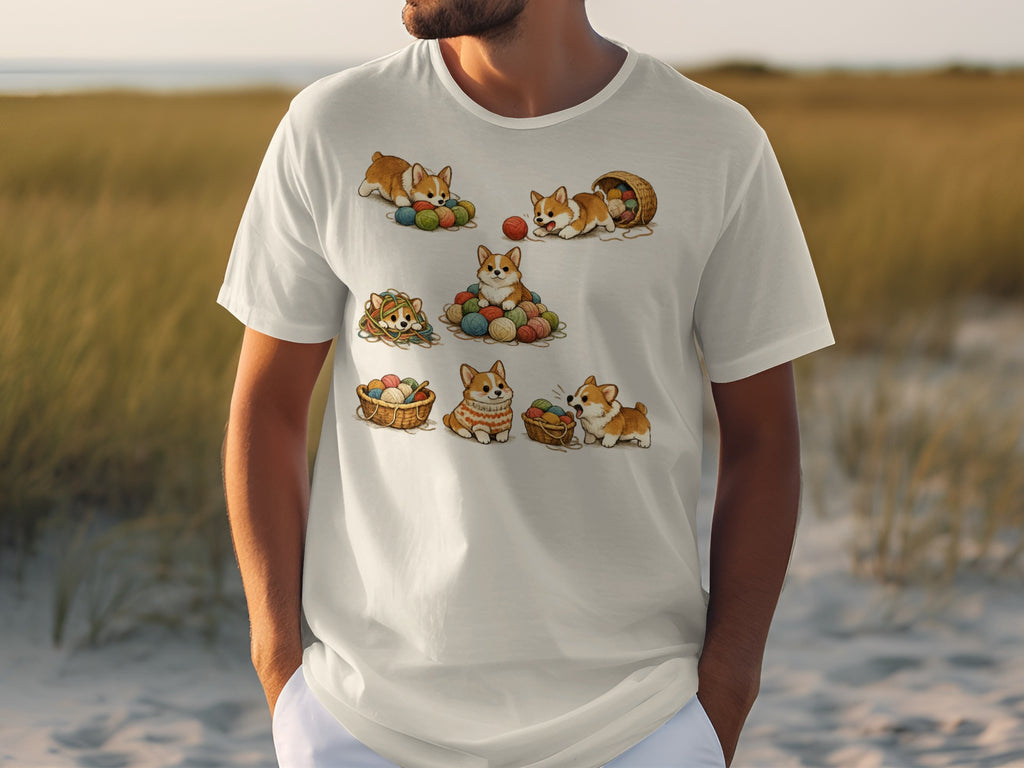 T-shirt graphic with multiple corgis playing with yarn balls and baskets.