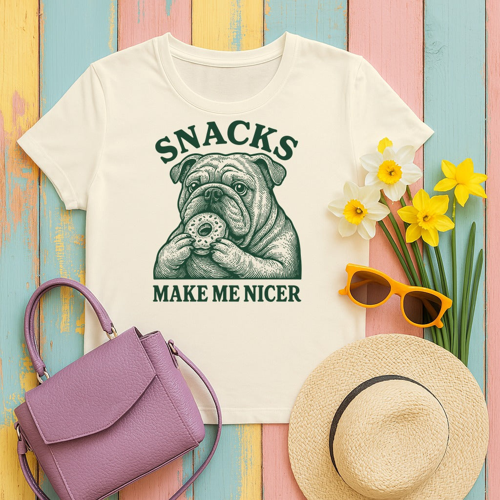Snacks Make Me Nicer Bulldog with Doughnut Funny T-Shirt in Natural