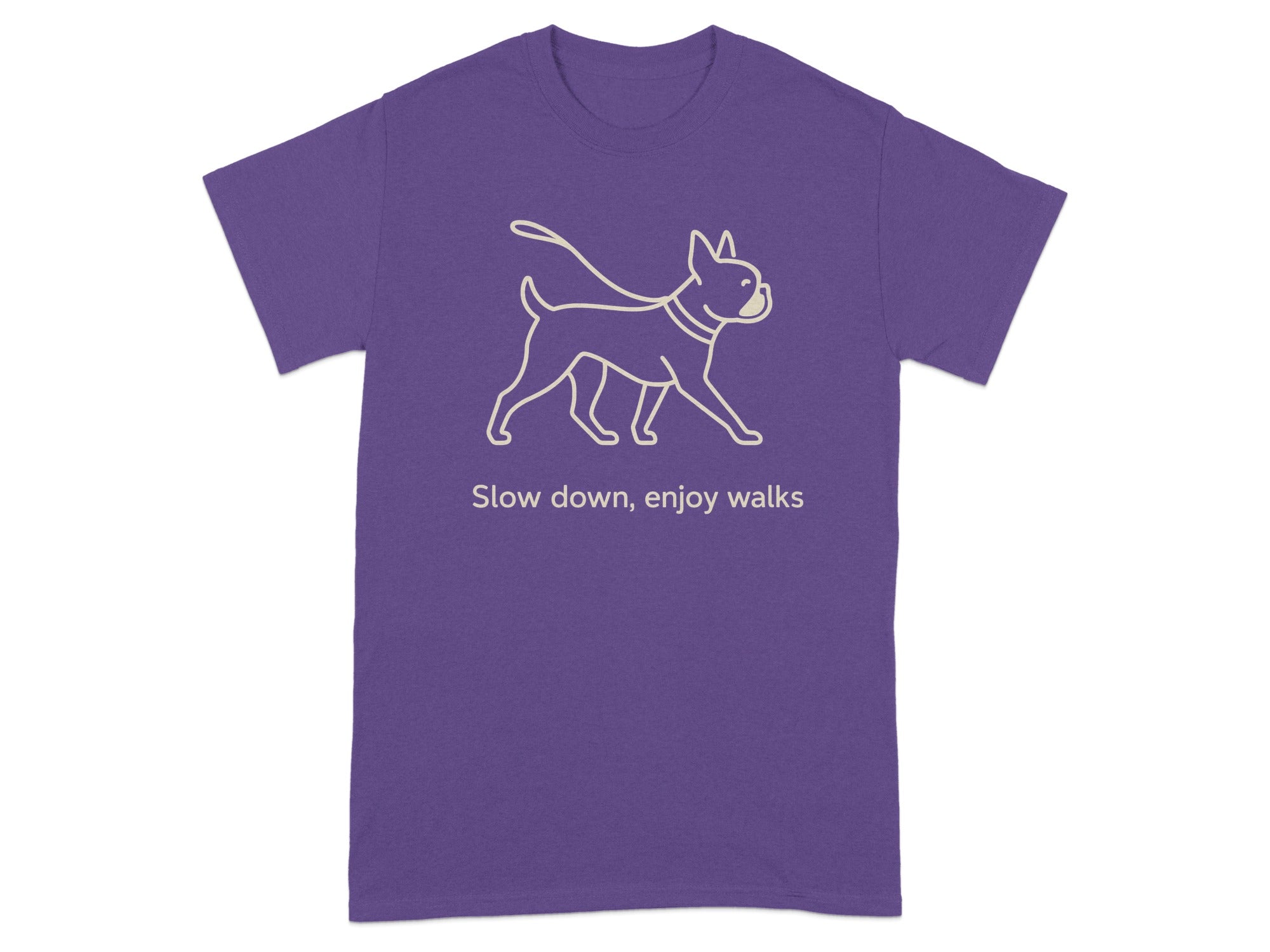 Purple t-shirt with outline of dog on leash and text "Slow down, enjoy walks"