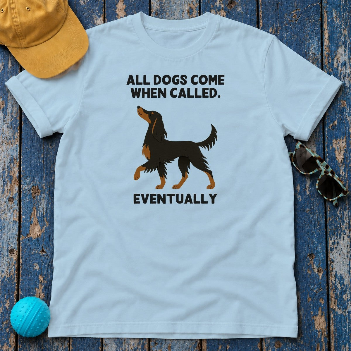 Gordon Setter Comes When Called Eventually Tee in Light Blue
