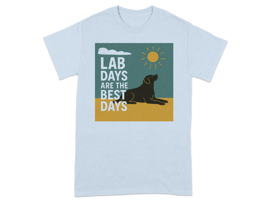 Light blue t-shirt with graphic "Lab days are the best days" and a black lab.