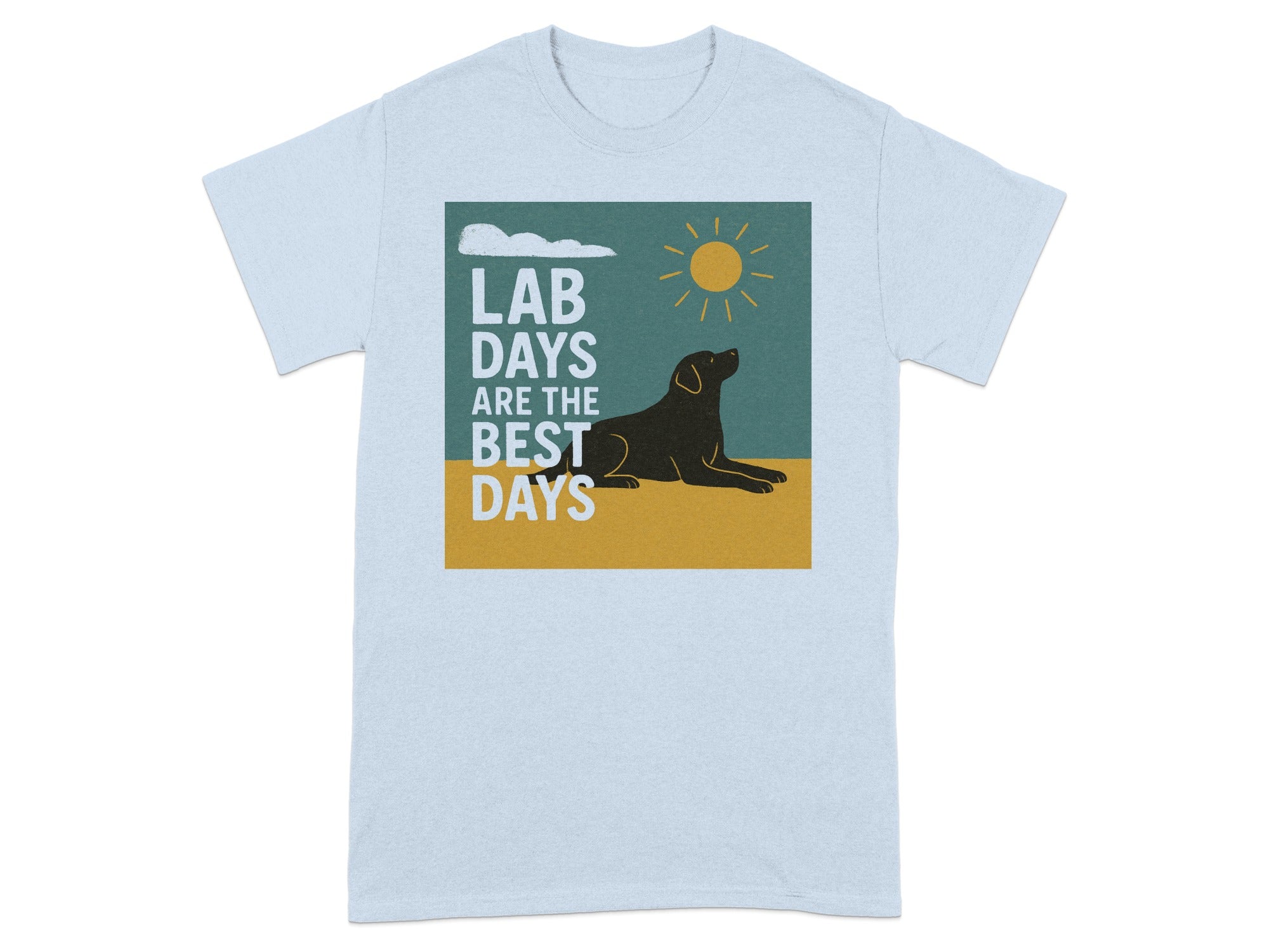 Light blue t-shirt with graphic "Lab days are the best days" and a black lab.