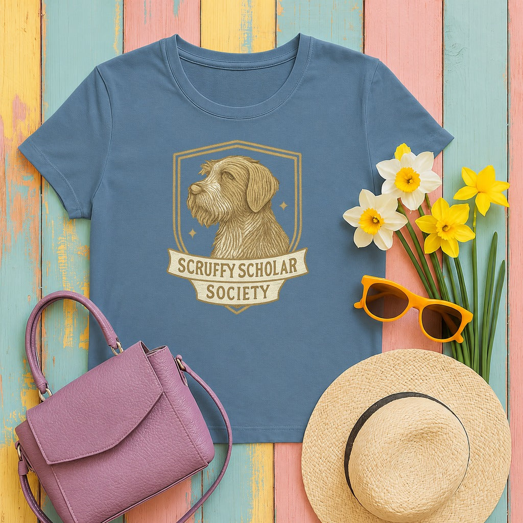 Wirehaired Pointing Griffon Scruffy Scholar Society T-shirt in Steel Blue