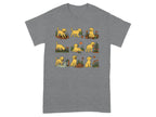 Line art of yellow puppies gardening, digging, watering, and playing with flowers.
