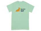 Light green t-shirt with an orange corgi illustration and text.