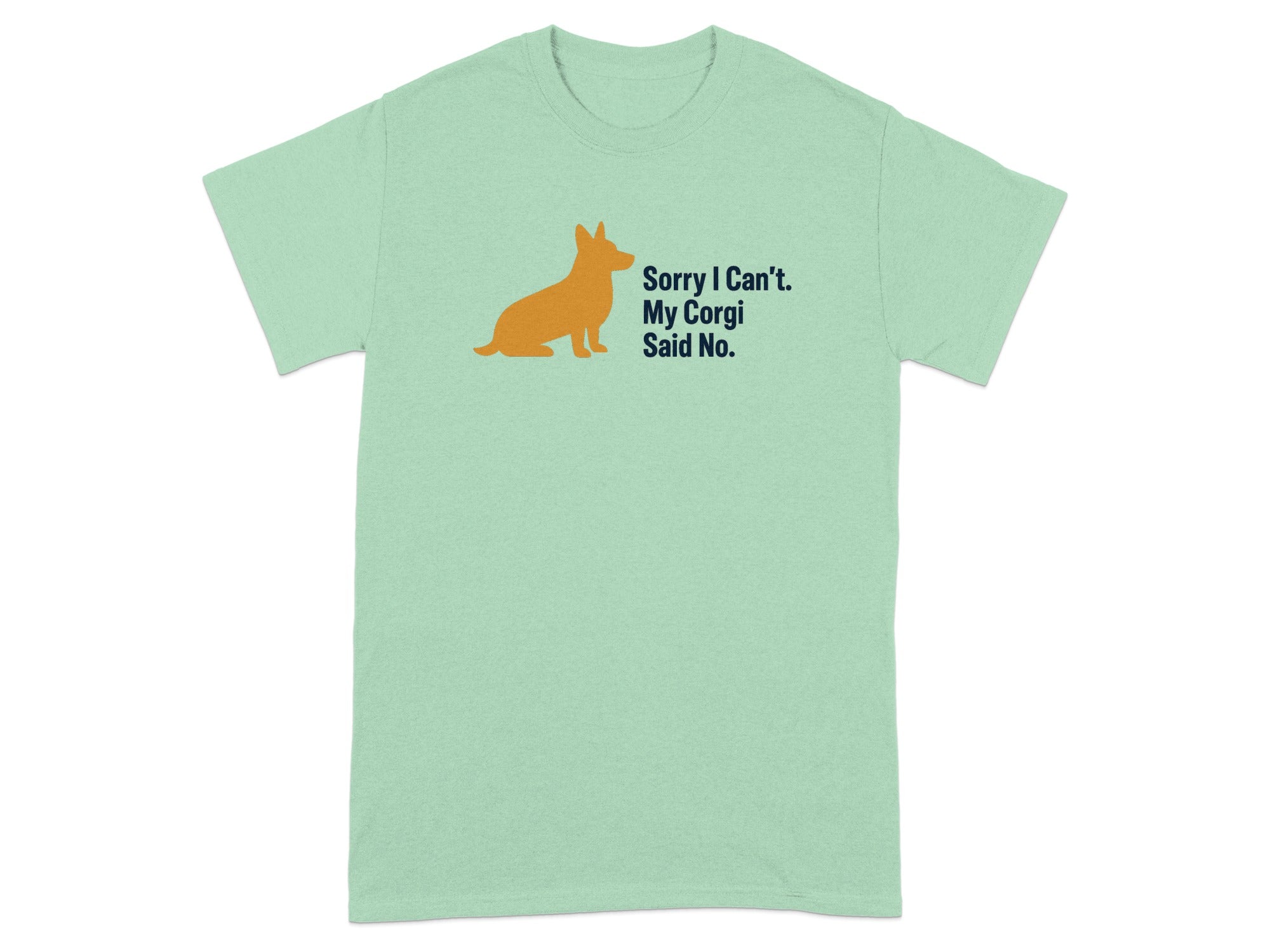 Light green t-shirt with an orange corgi illustration and text.
