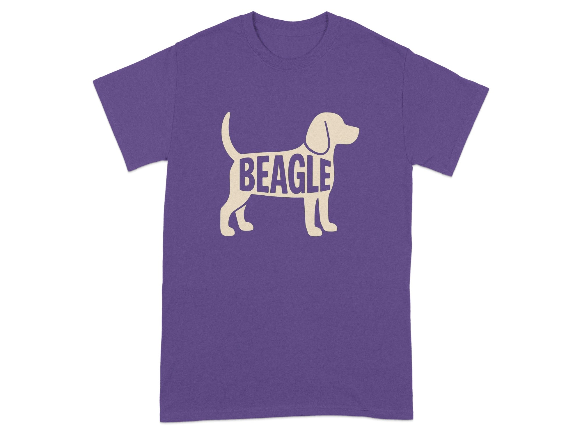 Purple t-shirt with beige beagle silhouette containing the word "BEAGLE".