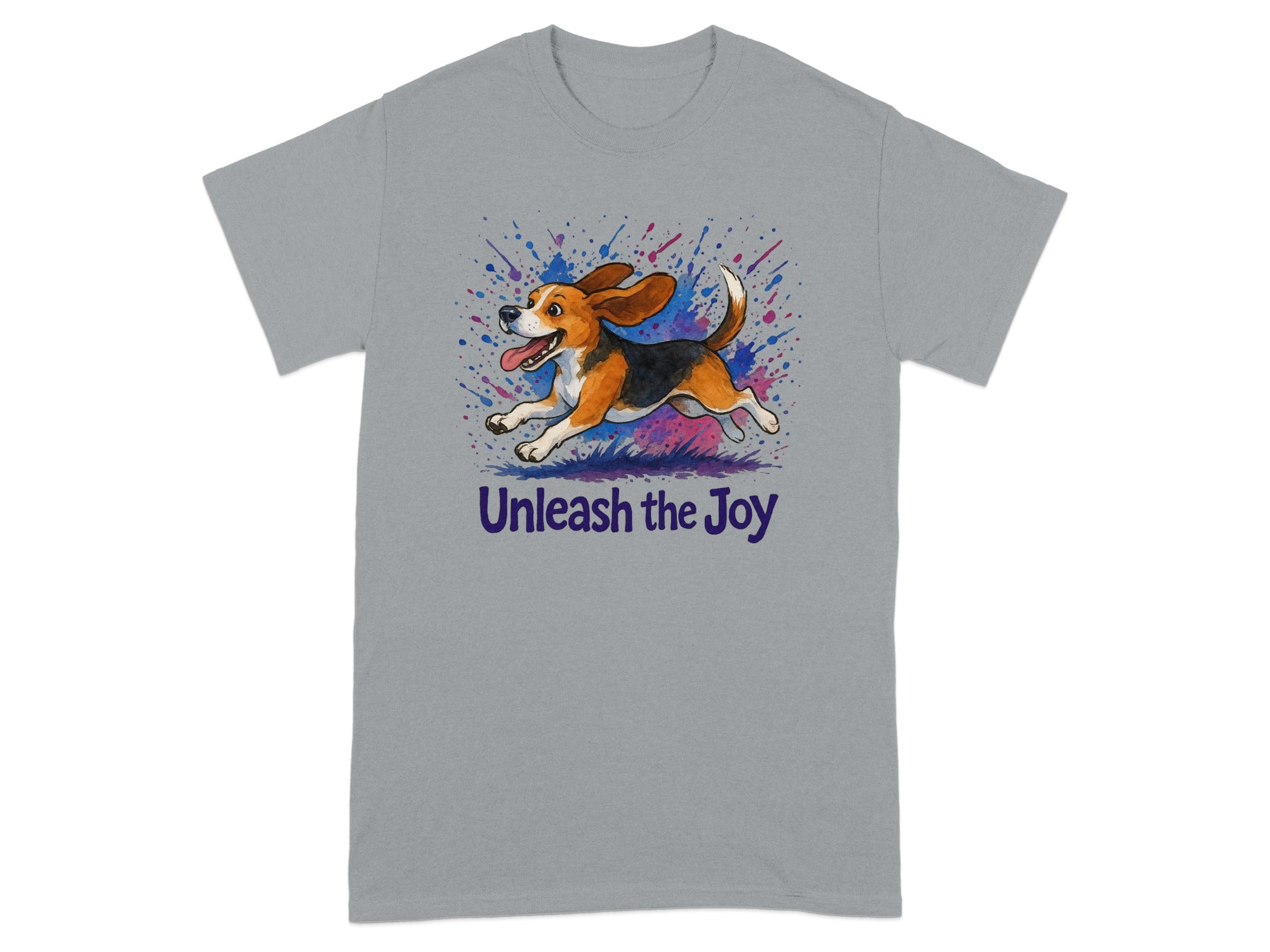 Beagle running with paint splatters and text "Unleash the Joy" on gray t-shirt.