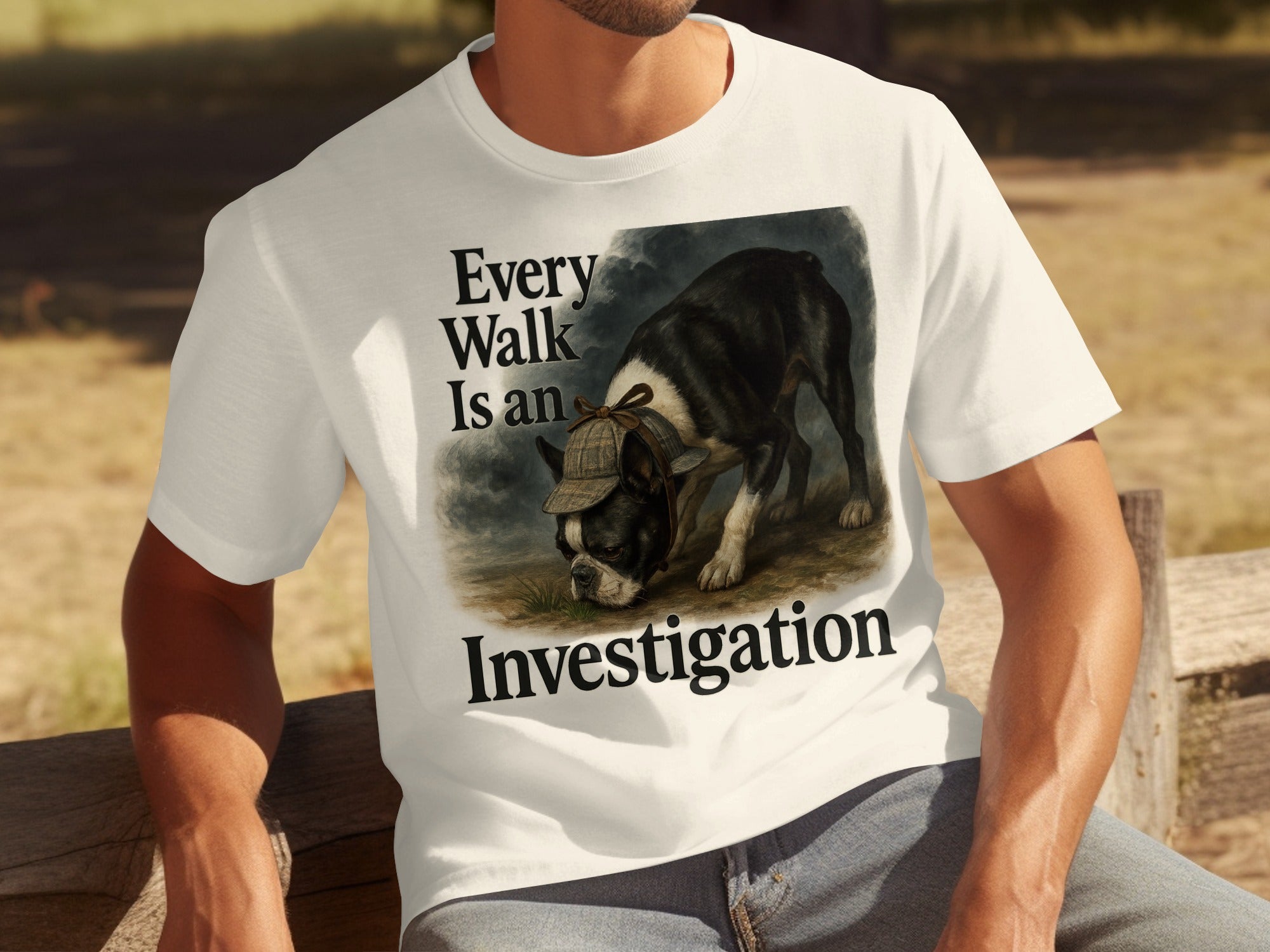 White t-shirt with "Every Walk Is an Investigation" text and Boston Terrier graphic.