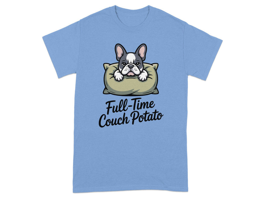 French bulldog on a pillow with "Full-Time Couch Potato" text.