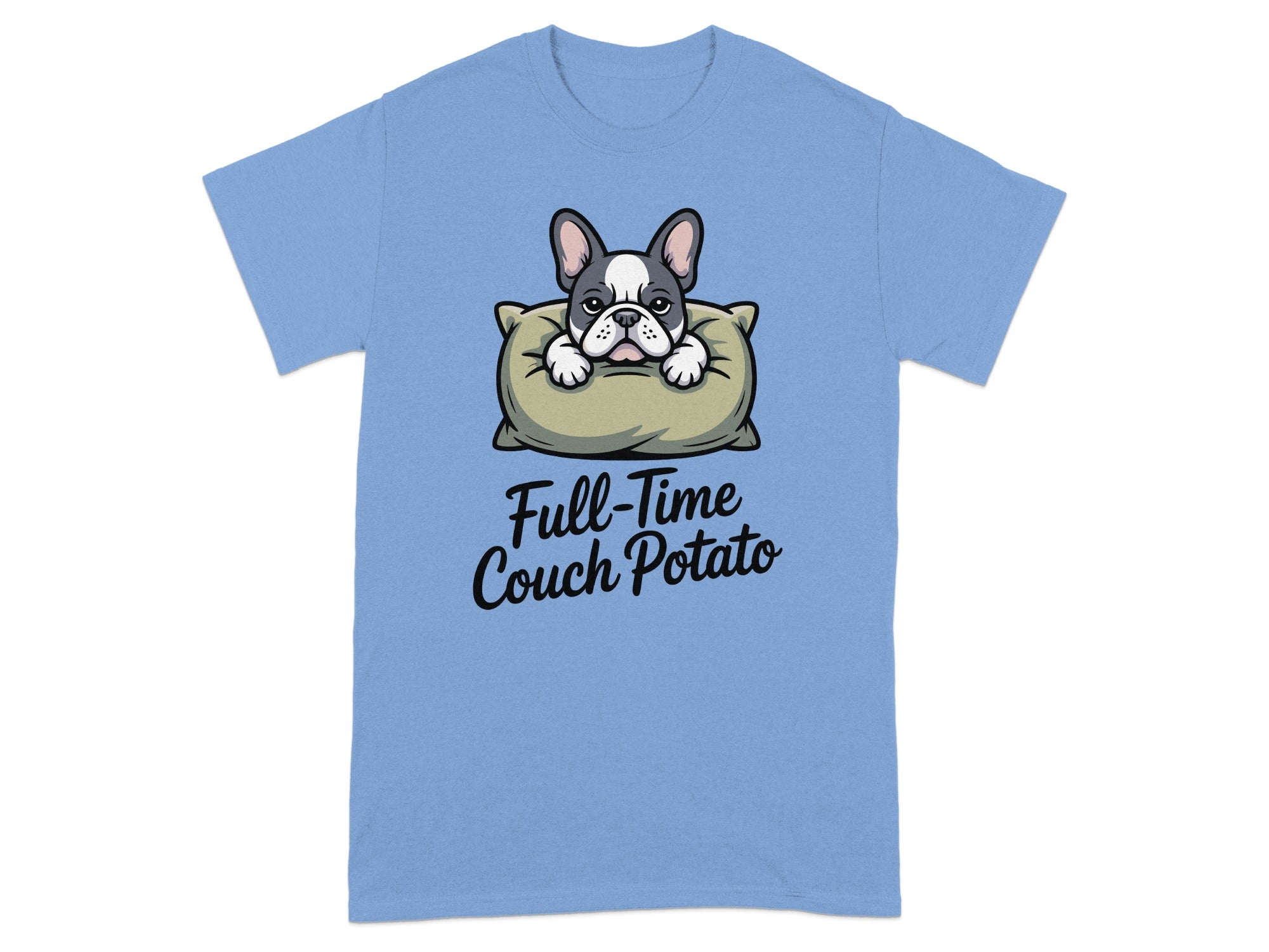 French bulldog on a pillow with "Full-Time Couch Potato" text.