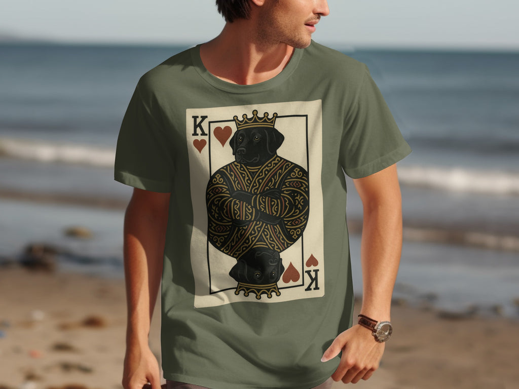 Green t-shirt with King of Hearts dog playing card graphic.