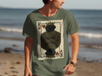 Green t-shirt with King of Hearts dog playing card graphic.
