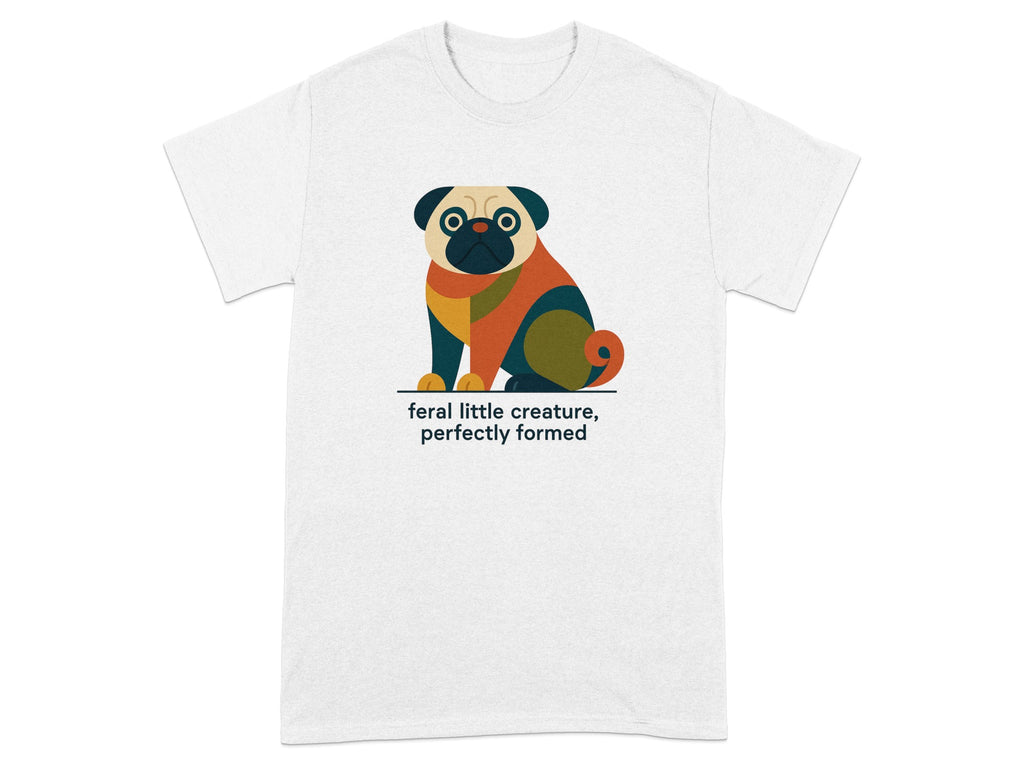 White t-shirt with a colorful geometric pug illustration and text.